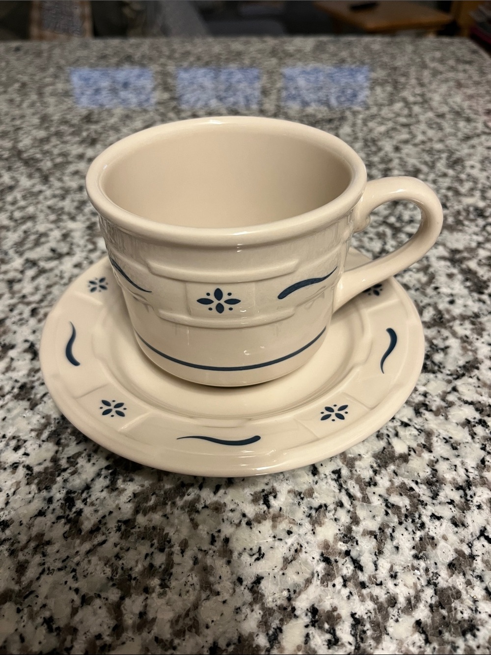 LONGABERGER POTTERY WOVEN TRADITIONS CLASSIC BLUE COFFEE TEA 3" CUP & SAUCER SET